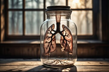 Detailed medical illustration of human lungs with bronchi and alveoli structure. Anatomical depiction in a scientific style, ideal for educational, healthcare, and medical research purposes