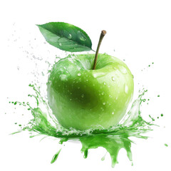 Green apple with water splash isolated on transparent background. Juicy banner design.
