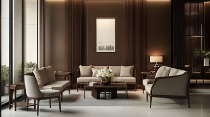 Chic and modern waiting lounge with deep chocolate walls, neutral gray seating, and wooden decor for elegance.