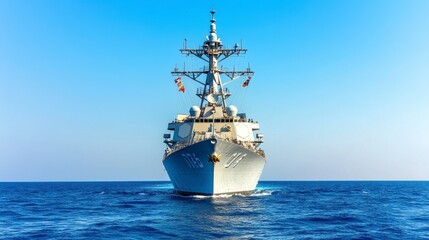 Fototapeta premium Gray Warship Sailing on a Clear Blue Ocean