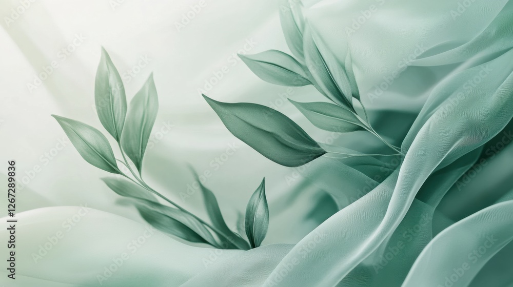 Fototapete Soft green leaves intertwined with delicate fabric create a tranquil and harmonious atmosphere in a gentle light. Generative AI