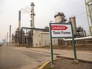 A factory with industrial structures emits smoke, while a warning sign indicates the presence of toxic fumes, highlighting environmental hazards.