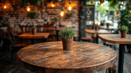 Empty rustic cafe table with plant, blurred interior background, ideal for menus