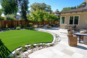 Obraz premium Landscaped Backyard with Green Lawn and Stone Patio