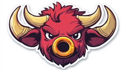 Obraz premium Angry cartoon bull mascot head logo icon with a gold nose ring for children's illustration design