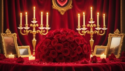 Valentines table with red roses and gold candlesticks