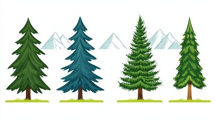 Diverse evergreen trees mountain landscape illustration nature scene scenic view environmental awareness