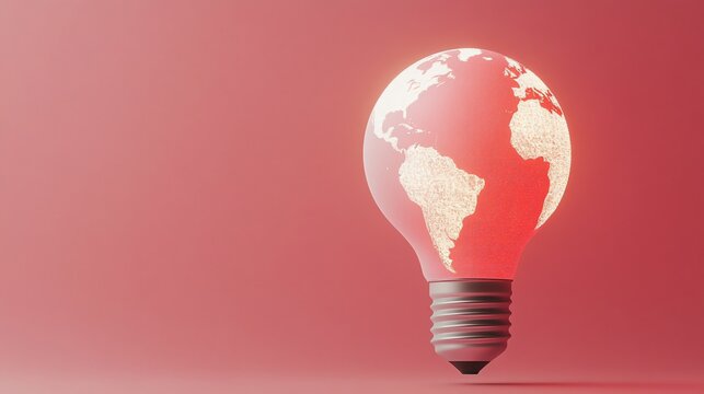 Global Illumination: A glowing light bulb with an outline of the Earth, against a vibrant red background. A striking visual metaphor for sustainability, innovation.