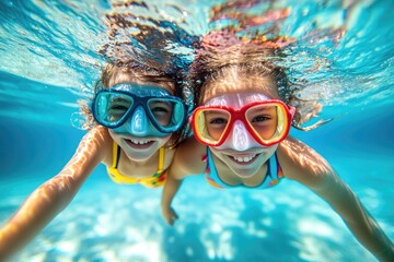 Naklejka premium Two children wearing colorful swimsuits and snorkel gear, swimming underwater in clear blue water near the beach with their mother