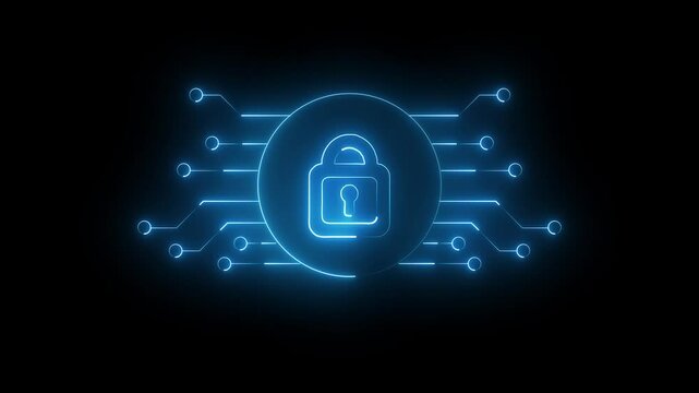 Network security padlock icon, digital lock and circuit board animation Isolated on Black Background