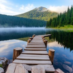 Obraz premium Misty Mountain Lake with Wooden Dock at Sunrise