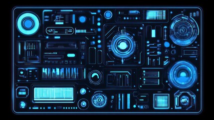 Fototapeta premium Futuristic control panel interface, glowing blue display, complex technology, dark background