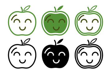 Minimal Green Apple Emoji silhouette and color Set Flat Vector Icons Simple Clean Expressions on a white background.