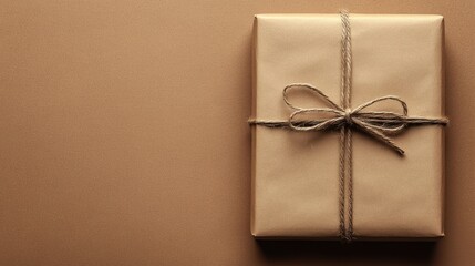 Rustic gift, twine tied, brown background, simple packaging, holiday present