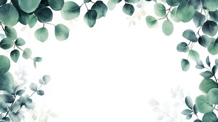 Green leaves on white background. Frame of green eucalyptus leaves with border of green. A minimalistic card with a design for a wedding invitation. Verdant foliage set against a white lifestyle.