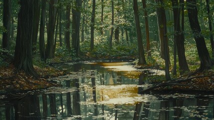 Exploring tranquil nature forested area landscape photography serene water reflection eye-level perspective peaceful atmosphere