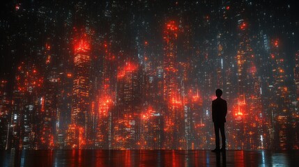 Man contemplates futuristic city at night, red lights, dark sky, stock photo