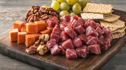 Obraz premium Gourmet cheese and meat board with crackers and grapes