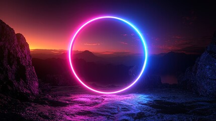 Neon Circle Above a Mountainous Sunset Landscape