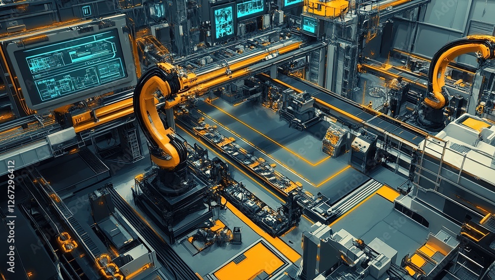 Poster futuristic factory: automated robotic assembly line processes with advanced technology and digital s
