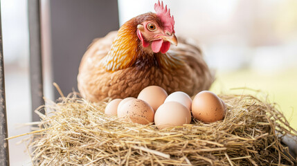 Close up of hen brooding over its eggs in straw nest, showcasing nurturing behavior and natural setting