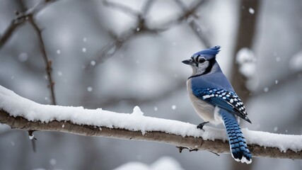 A blue jay perched on a snow-covered branch amidst falling snowflakes.