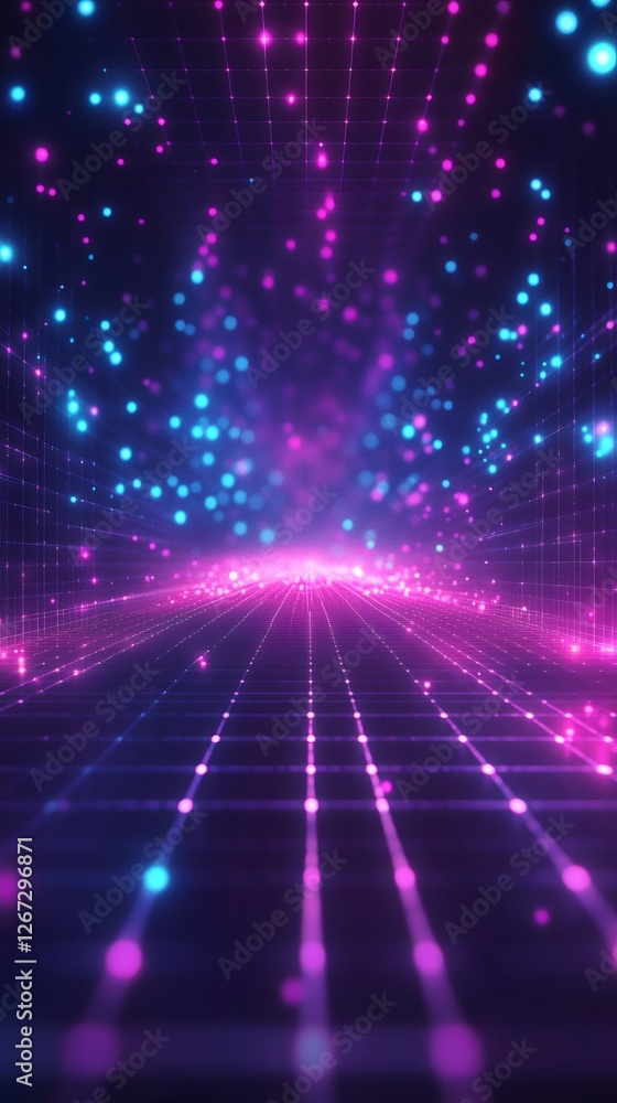 Poster glowing particles falling on a futuristic neon grid in digital space, creating a vibrant and dynamic
