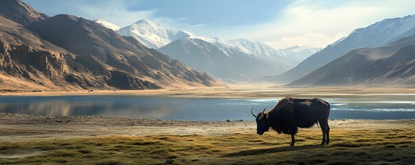 A peaceful scene of a yak grazing near the banks of the Indus River, with Ladakh&rsquo;s dramatic arid terrain in the background