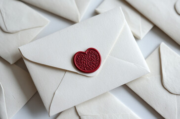 A white envelope with a red heart-shaped seal, surrounded by more envelopes on a clean background