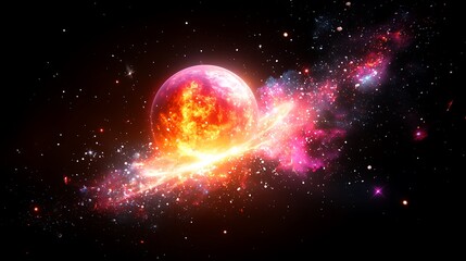 Distant Binary Star System Featuring Two Fiery Suns Surrounded By Swirling Cosmic Dust and Nebulae Against a Black Backdrop