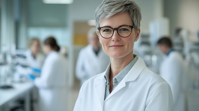 Confident Female Scientist in Lab Coat Professional Portrait Medical Researcher Healthcare Worker Serious Expression Science Technology Innovation    