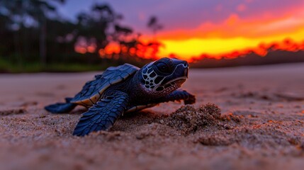 Baby turtle sunset beach ocean wildlife