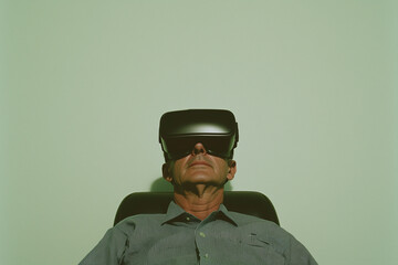 Virtual Reality Immersion: A man sits immersed in a virtual reality experience, wearing a VR headset, his expression hidden, suggesting a journey into another world.