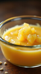Bowl of creamy liquid with chunks on dark wooden surface.