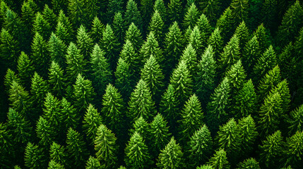 A lush green forest filled with densely packed evergreen trees, showcasing vibrant foliage under natural light.