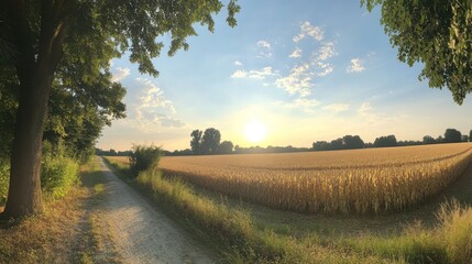 Fototapeta premium Rural Countryside Path Cornfield Sunset Scene