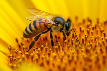 Bee pollinating sunflower close-up, summer garden. AI generated photo realistic image