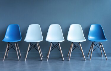 Empty chairs in a row, modern waiting room, blue and white, minimalist interior