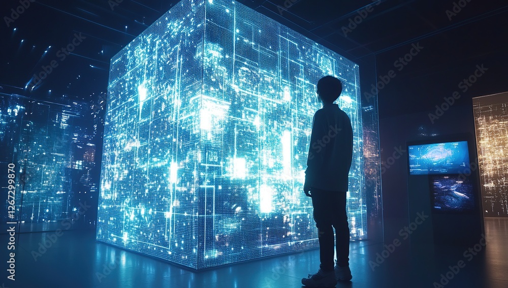 Poster exploring the digital matrix: a person observes a luminous data cube installation mysteriously glowi
