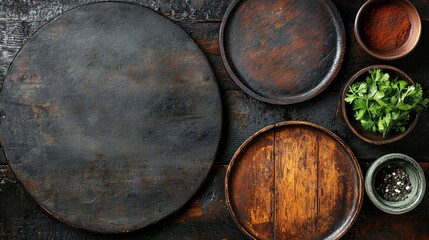 Empty wooden plates, bowls, herbs on dark table, food background