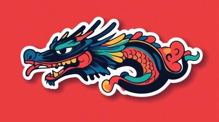 Asian Dragon sticker. Colorful detailed dragon sticker. Red background. Great graphic design element