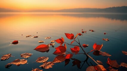 Reflection of orange leaves on lake water at dawn, reflection, autumn, leaves