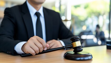 Businessman in suit holding gavel at desk in modern office setting