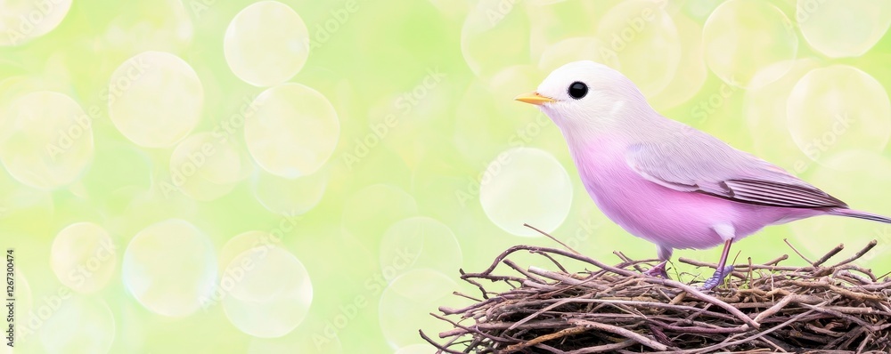 Poster pink bird in nest pastel colors springtime bird soft bokeh background
