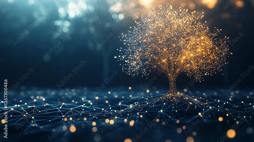 Poster image of a tree connected network cyber data with dots and lines.