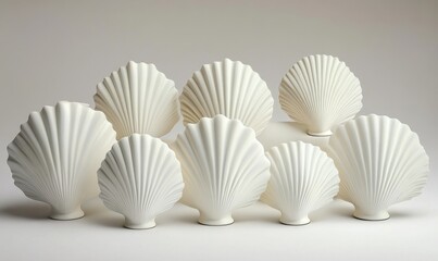 A collection of elegant white shell-shaped vases arranged in a visually appealing pattern