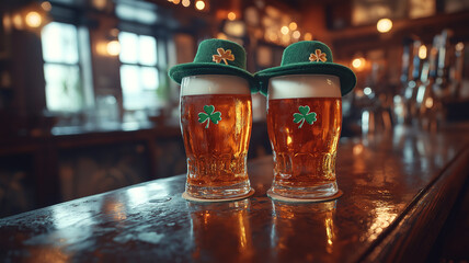 St Patrick's Day vibes, Two beers, leprechaun hats, and costumes at the lively pub bar
