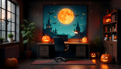 Spooky season home office scene with halloween pumpkins decoration indoor