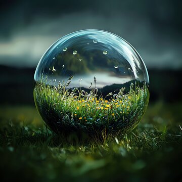 a self sustaining mini ecosystem in a sphere shaped galss dome, mini plants and trees inside, no background, white space around the object