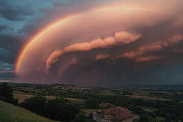 Vibrant Arch of Color: A Rainbow Enveloping a Rural Landscape Beneath Dramatic Stormy Skies